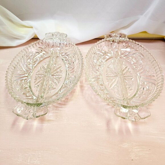 Stars & Bars, aka 1000 Lines 2pc Clear Glass Divided Relish/Serving Dishes - Picture 5 of 8